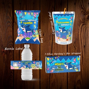 set bomboniere compleanno squalo blu rosa pacchetto involucro bottiglia etichetta sole Capri involucro barretta di cioccolato bomboniere bambino squalo decorazione squalo neonato