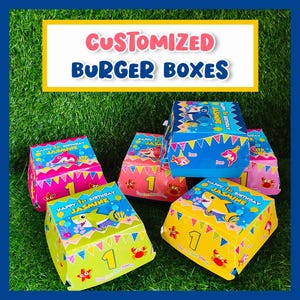 Caixa de hambúrguer com design personalizado, lembranças personalizadas, decorações de aniversário, modelo de caixa de hambúrguer, festa de aniversário, suprimentos de restaurante