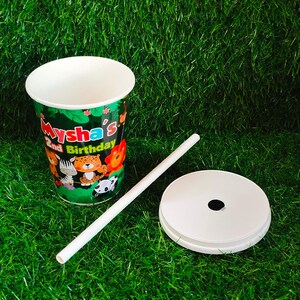 Bicchieri di carta per bibite a tema animali della giungla con coperchio e tazze di cannuccia di alta qualità per bomboniere di compleanno, bevande analcoliche, forniture per feste con decorazioni per animali