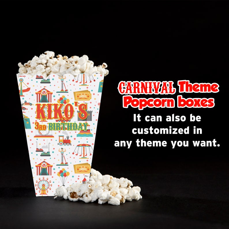 Carnival theme popcorn box carnival personalized popcorn box circus party favor burger box fries box favors carnival birthday