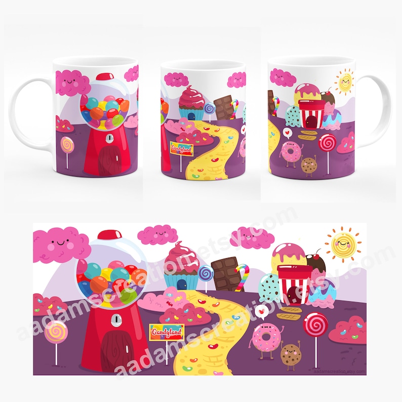 Puede incluir: Una taza de cer&aacute;mica blanca con una ilustraci&oacute;n colorida de un tema de pa&iacute;s de caramelo. La taza presenta una m&aacute;quina de chicles, una magdalena, una barra de chocolate, una piruleta, una dona y un bast&oacute;n de caramelo. El texto "Candyland" est&aacute; escrito en un cartel.