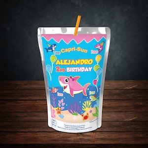 Tiburón bebé Etiqueta Caprisun bebé tiburón niña Etiqueta de jugo Caprisun bolsa de jugo bebé tiburón favorece la decoración de la fiesta pegatina de cumpleaños de tiburón bebé
