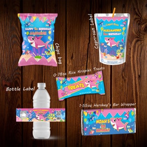 Set di bomboniere per compleanno di squalo rosa, involucro per bottiglia, etichetta Caprisun, riso Krispies, involucro per barrette di cioccolato, decorazione per feste di squalo, sacchetto per patatine
