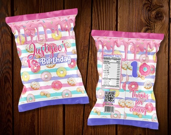 Donut Birthday Party Chip Bag Favors (Digital Download, Personalized Name & Age)