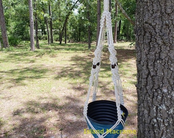 Macrame Plant Hanger: 42" Long Cream White and Beige Braided Cord, Wooden Beads 4 MM cord