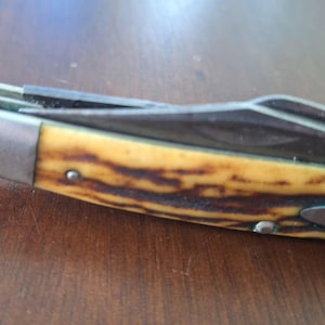 Puede incluir: Primer plano de una navaja de bolsillo con mango amarillo y marr&oacute;n y hoja plateada. La navaja tiene una virola met&aacute;lica y la palabra "CASE" es visible en el mango.