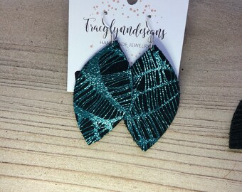 Aqua spiderweb leaf leather earrings