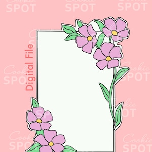 Puede incluir: Un archivo digital para un cortador de galletas en forma de marco cuadrado con un diseño floral. El marco está delineado en negro y las flores son rosas con hojas verdes.