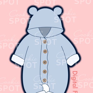 May include: A light blue baby onesie with a hood and buttons. The onesie has white cuffs and a white foot area. The onesie is a digital file.