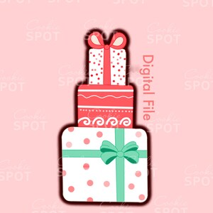 May include: A digital file for a cookie cutter shaped like a three-tiered cake with a bow on top. The cake is decorated with red and white polka dots, white wavy lines, and a green bow.
