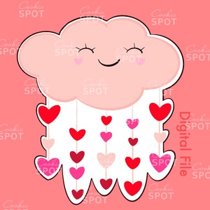 May include: A pink cloud with a smiling face and closed eyes, with strings of red, pink, and white hearts hanging from it. The background is a light pink color. The text "Digital File" is written vertically on the right side of the image.