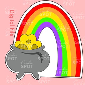 May include: A digital file for a cookie cutter in the shape of a pot of gold at the end of a rainbow. The pot of gold is filled with gold coins and the rainbow is in the colors red, orange, yellow, green, blue, indigo, and violet.