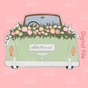 DIGITAL - Just Married Car with Florals Cookie Cutter STL file Instant download 4.5&quot; cookie size