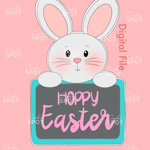 Könnte beinhalten: Ein weißes Kaninchen, das über ein blaues und graues Schild schaut, auf dem in rosa Schrift "Hoppy Easter" steht. Der Hintergrund ist rosa.