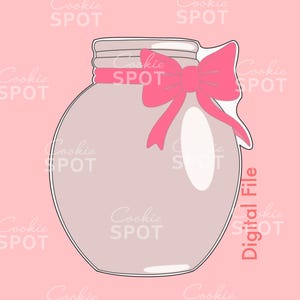 May include: A light gray glass jar with a pink bow. The jar has a wide mouth and a rounded bottom. The bow is tied around the neck of the jar.