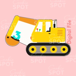 May include: A yellow toy excavator with a black track and the number 3 in the bucket. The excavator is on a pink background.