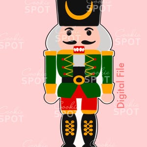 May include: A digital file for a cookie cutter in the shape of a Christmas nutcracker. The nutcracker is wearing a green jacket with gold trim, red trousers, and a black hat with a gold trim. The nutcracker has a white beard and moustache.