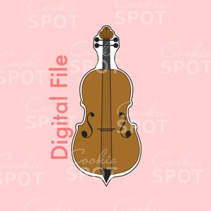 Pode incluir: Um cortador de biscoitos em forma de violoncelo castanho com detalhes pretos e contorno branco, sobre um fundo rosa claro. O texto "Digital File" está impresso verticalmente em rosa. O fundo tem as palavras "Cookie SPOT" em uma fonte rosa claro.