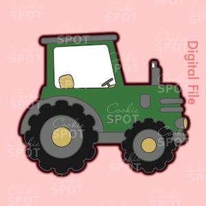 May include: A green tractor cookie cutter with a black outline and gray wheels. The tractor has a large front tire and a smaller back tire. The tractor has a window and a seat.