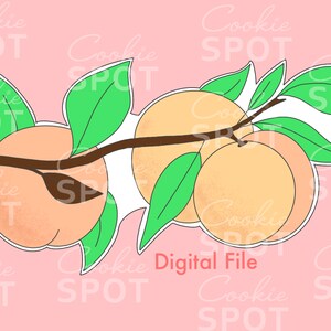 May include: A digital file for a cookie cutter design featuring three peaches with leaves on a branch. The peaches are a light orange color with a textured surface. The leaves are green.
