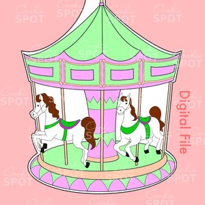 May include: A green and purple carousel with a white flag on top. There are two white horses with brown manes and tails on the carousel.