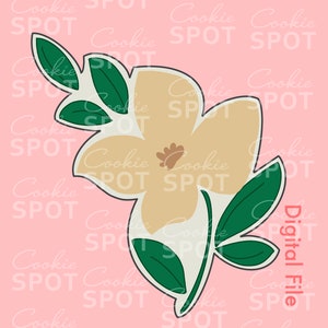 Peut inclure: Un emporte-pièce floral représentant une fleur jaune clair avec un centre marron et des feuilles vertes. Le motif est souligné en noir et placé sur un fond rose avec le texte "Digital File".