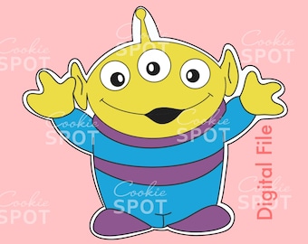 May include: A cartoon alien character with three eyes, yellow head, and blue body with purple stripes and feet. The alien is smiling and has its arms outstretched. The background is pink, with the words "Cookie SPOT" repeated.
