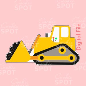May include: A yellow bulldozer illustration with a large front blade filled with black debris, grey tracks with yellow wheels, and a white cabin window. The image features the text Cookie SPOT and Digital File in a light pink background.
