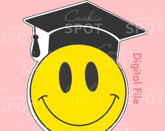 May include: A yellow smiley face wearing a black graduation cap. The background is pink with the text "Cookie SPOT" repeated.