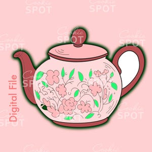 May include: A pink teapot with a floral design. The teapot has a red handle and spout, and a pink lid with a knob. The floral design features pink flowers and green leaves.