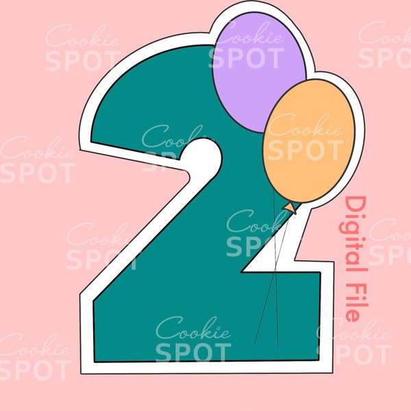 DIGITAL - Number 2 with Balloons Cookie Cutter STL file Instant download 4" cookie size