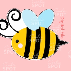 May include: A digital file for a cookie cutter in the shape of a cartoon bee. The bee is yellow and black with a white face and blue wings.