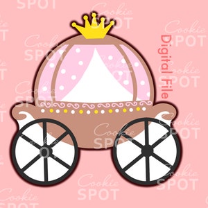 May include: A brown and pink carriage with a gold crown on top. The carriage has two wheels and a white interior. The carriage is a digital file for cookie cutters.