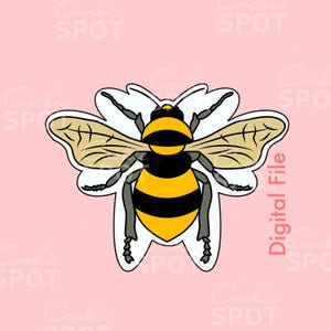 May include: A digital file featuring a cartoon bee design. The bee is yellow and black, with tan wings, and is outlined in black. The image is set against a light pink background, with the text "Digital File" in the upper right corner.