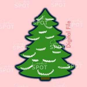 以下が含まれることがあります： 白い輪郭と白い雪のディテールが付いた緑のクリスマスツリーのクッキーカッター。カッターはピンクの背景にあり、周囲に「Cookie SPOT」というテキストが繰り返されています。