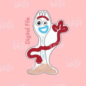 May include: A digital file for a cookie cutter shaped like Forky from the movie Toy Story. Forky is a spork with googly eyes, a red plastic cup for a body, and a blue smile. The cookie cutter is outlined in black.
