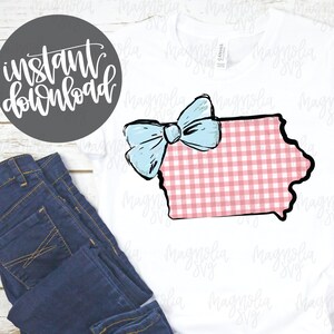 Pink Buffalo Plaid Iowa State with Turquoise Bow Graphic for Sublimation Transfer Printing, Iowa Silhouette Clip Art, Glitter Accents