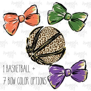 Leopard Basketball with Bow and Glitter Accents, Orange, Green, Purple, Red, Pink, Navy, Maroon Graphic File Sublimation Transfer Printing