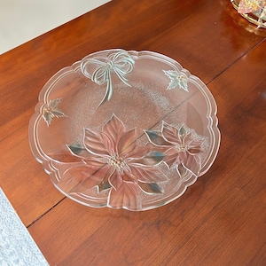 Vintage Mikasa Savoir Vivre Crystal Glass With Colored Poinsettia And Bows, Tray Platter Holiday Spirit, 15” Christmas Winter Platter