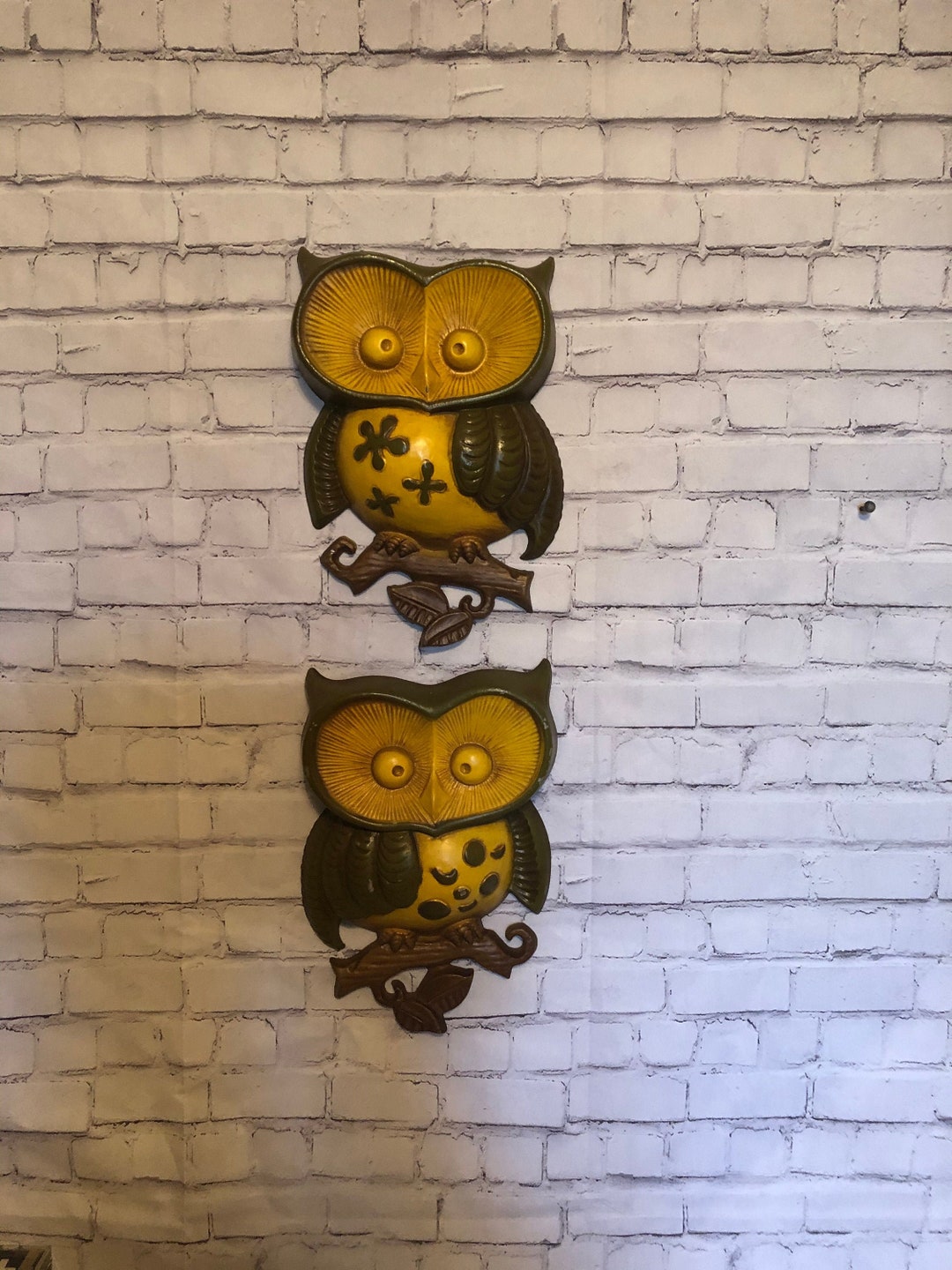 Vintage Sexton Owl Wall Decor Plaques, Pair 1970 Cast Metal Owl's