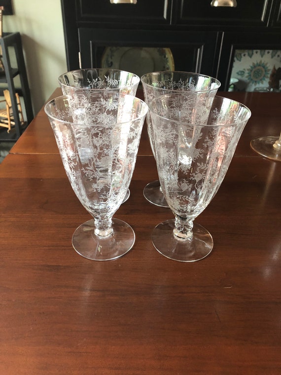 4 Vintage Etched Wine glasses, Fostoria, 1950's, Vintage Small