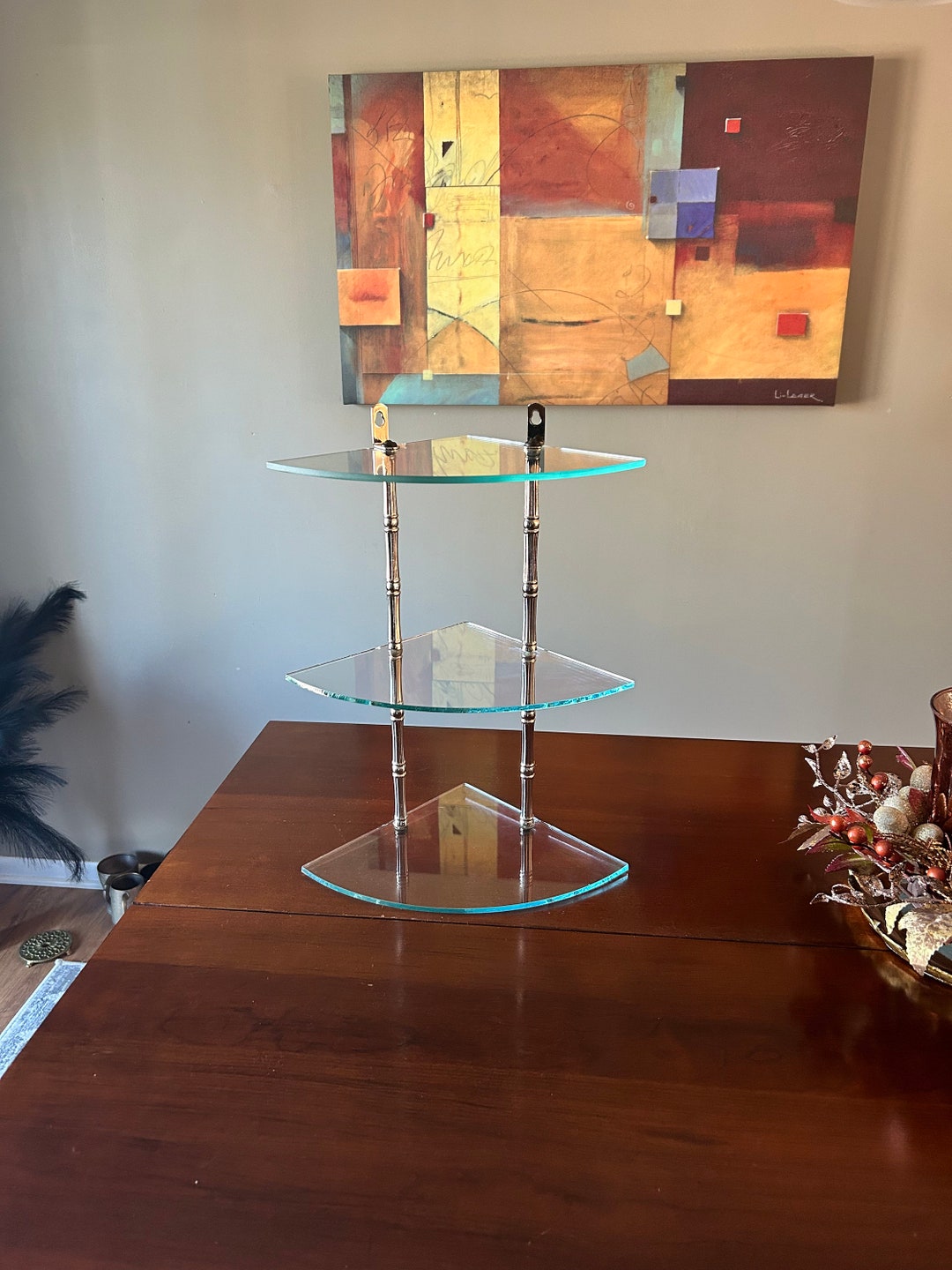 Vintage Triple Glass and Brass Corner Shelf, Brass Mount Shelf, 15 Inch