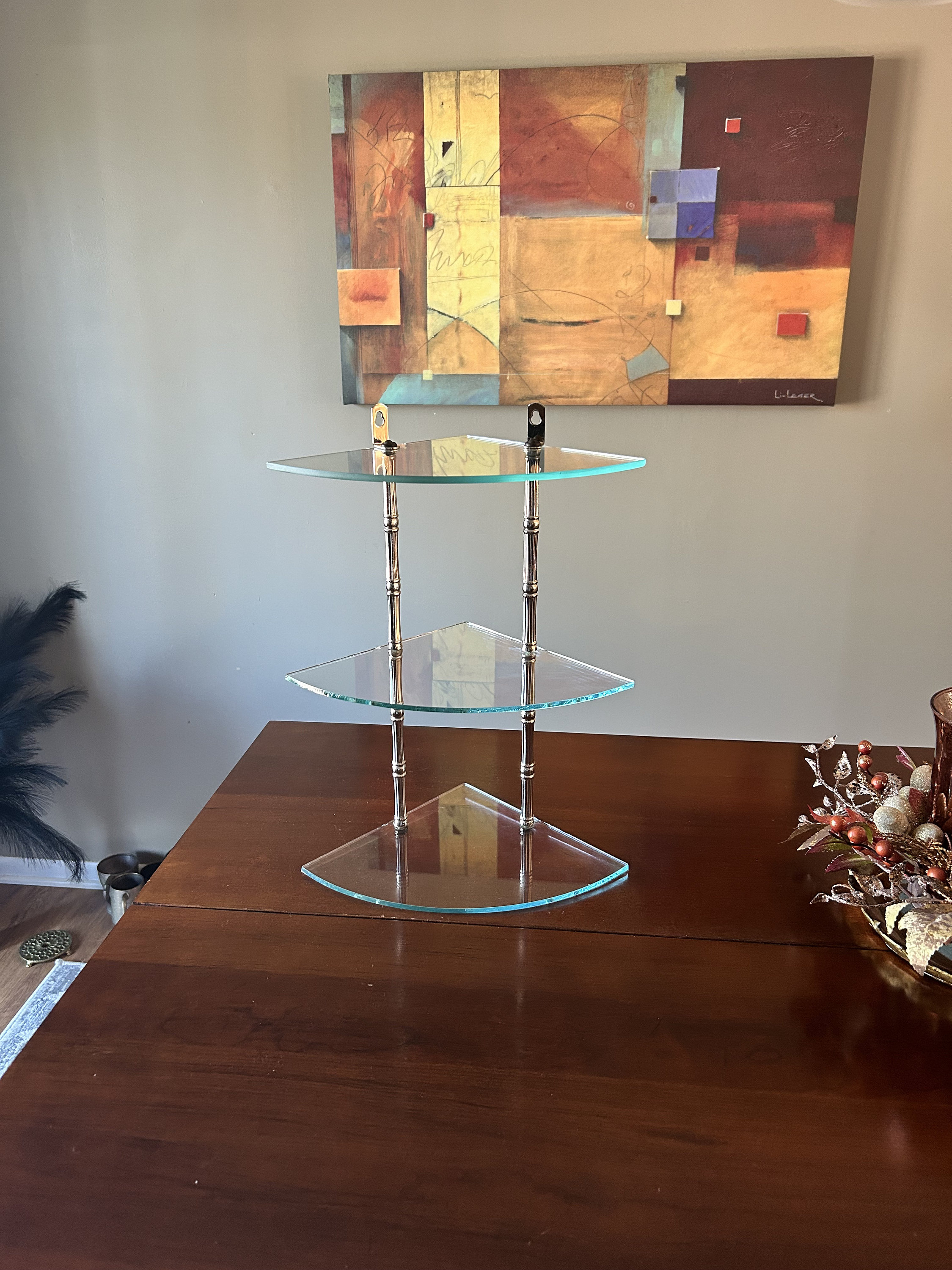 Vintage Triple Glass and Brass Corner Shelf, Brass Mount Shelf, 15