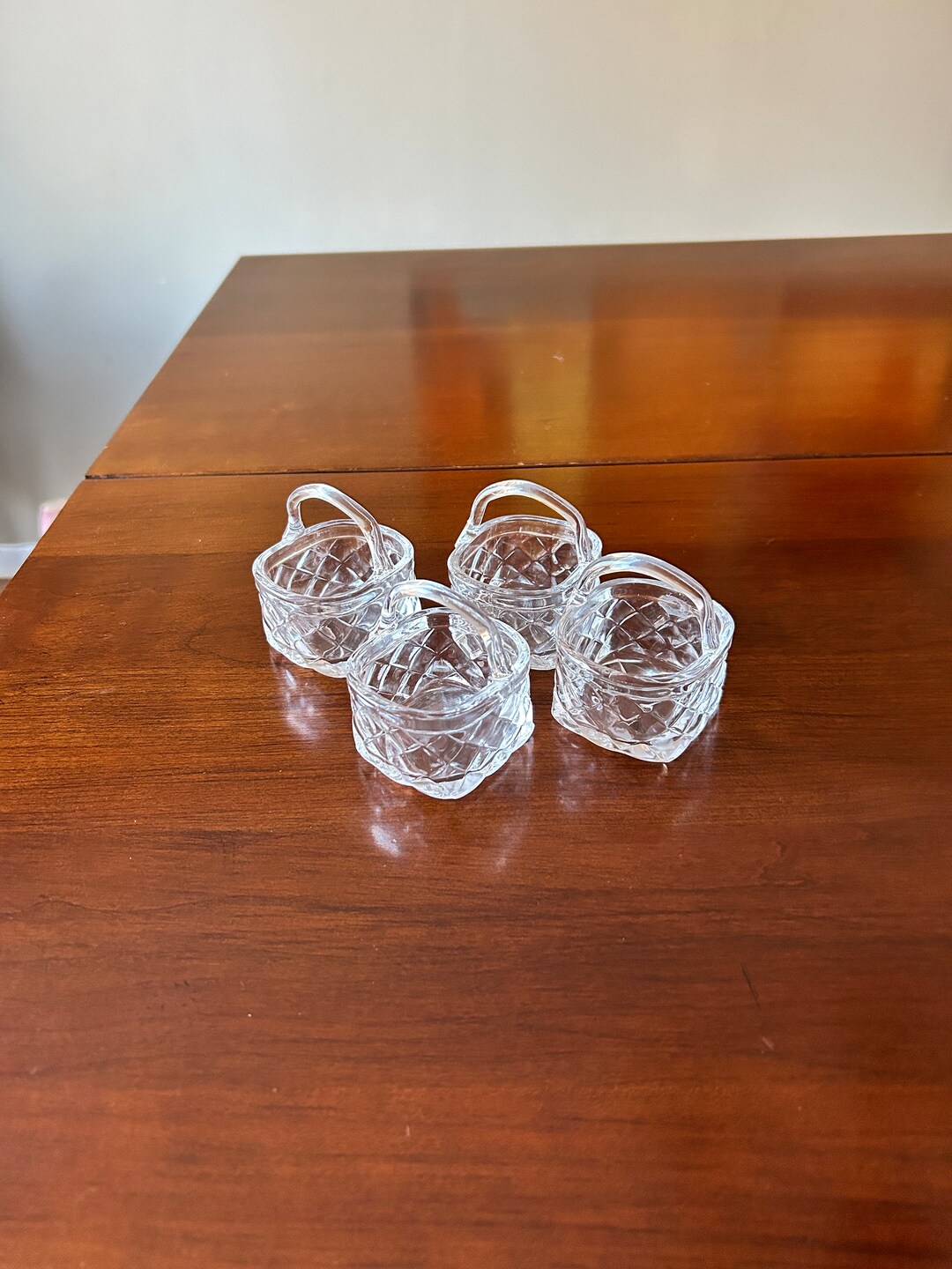 Four Little Vintage Glass Baskets, Glass Baskets, Little Glass Baskets