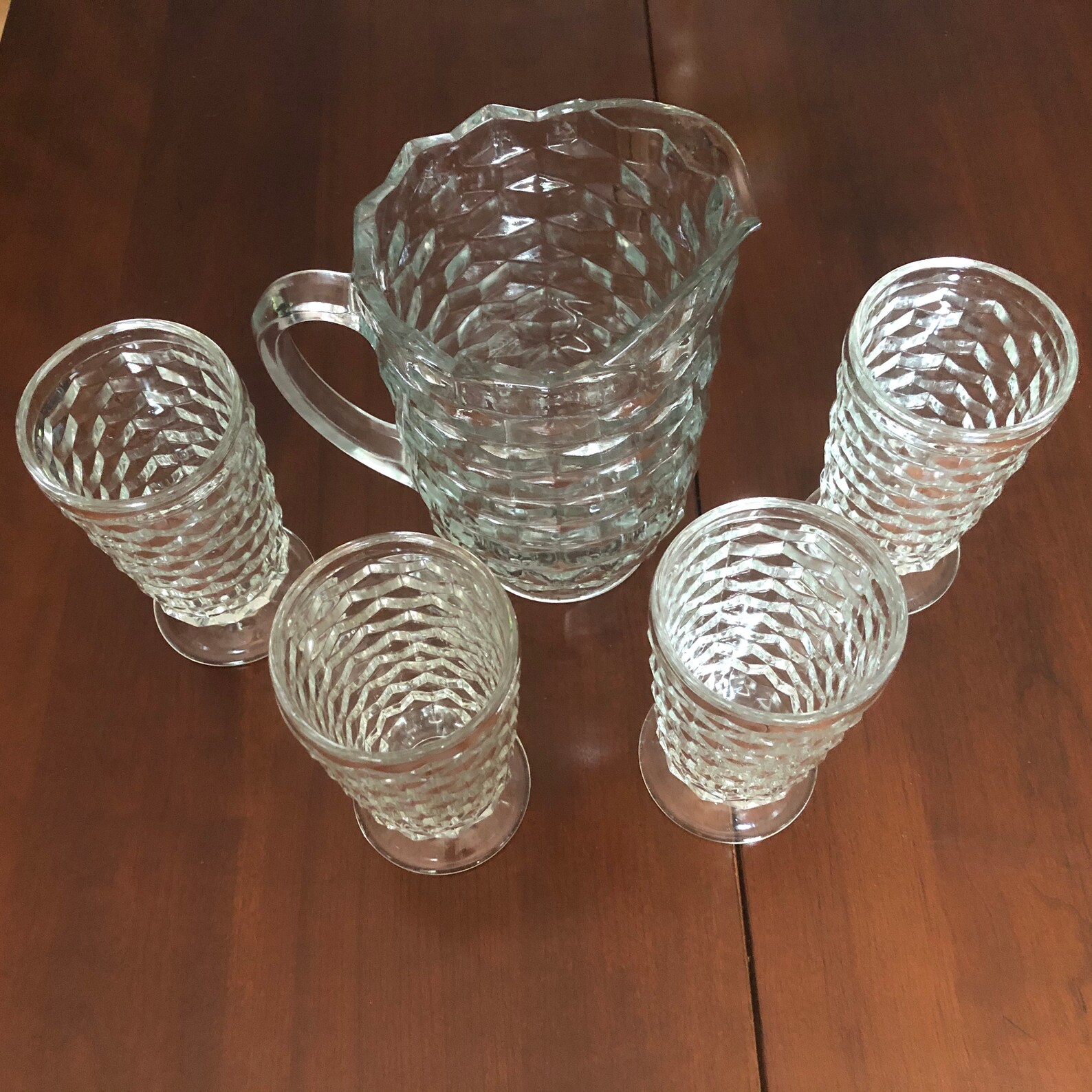 Beautiful Vintage Clear Glass Pitcher With Four Glasses Etsy