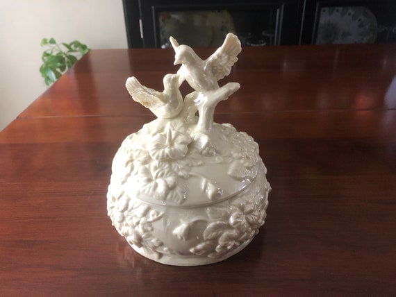 Vintage Love Birds Trinket Box, White Floral Container