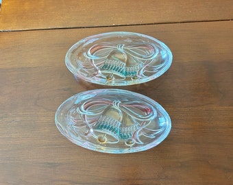 Vintage Oval Glass Christmas Candy Dishes, Holiday Bells, Set of 2