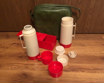 Nine (9) Piece Aladdin Picnic Set, Faux Leather Bag,  Aladdin Dura Clad Thermos Bottle With Cup, Aladdin Hy-Lo Thermos, Storage Container