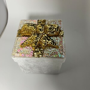 May include: A white velvet gift box with a gold and iridescent sequin bow on the top.