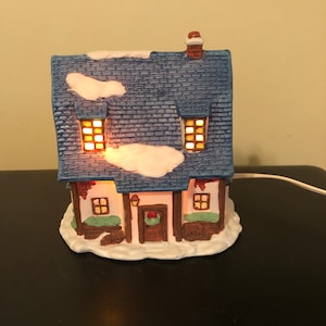 Vintage Lighted Blue Village House, Americana Christmas Decor